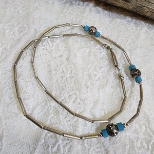Silver Toned Navajo Style Barrel Clasp Blue Beaded Collar Choker Necklace